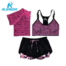 Load image into Gallery viewer, ALBREDA New Women Yoga Sport Suit Bra T-Shirt Shorts 3 Piece Female Summer Sportswear Sets Fitness Gym Running Leisure Clothes