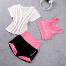 Load image into Gallery viewer, Women's Sportswear Fitness T-shirt+Bra +Shorts 3pcs Suit Athletic Running Yoga Clothing Female Gym Jogging Sport Set