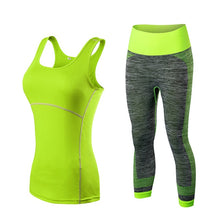 Load image into Gallery viewer, OLOEY Women's Quick Dry sportswear Gym Leggings + sports T-shirt Costume Fitness Tights Sport Suit Green Top Yoga Set Tracksuit