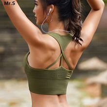 Load image into Gallery viewer, Women's energy seamless sports bra workout army green gym crop top high impact fitness yoga bra brackless strappy sports bra