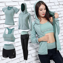 Load image into Gallery viewer, 2018 New Women Yoga Sport Suit quick Dry Bra Set 5 Piece Female Short-sleeved shorts long pants Outdoor Sportswear Fitness suit