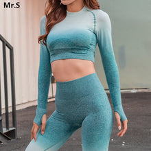 Load image into Gallery viewer, Ombre Crop Top Yoga Shirts for Women Seamless Long Sleeve Workout Tops Gym Shirts with Thumb Hole Fitness Crop Top Camisas Mujer