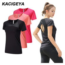 Load image into Gallery viewer, Yoga Mesh Shirts Quick dry Fitness Sports Gym Clothes Female Running Short Sleeve Sexy Hollow Back Female Sport T Shirt Running