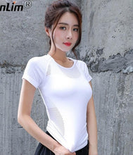 Load image into Gallery viewer, Women Yoga T Shirt Sexy Hollow Out Training Top Dry Fit Fitness Top Shirts Workout Gym Clothes Female Sport Running Tight Shirt