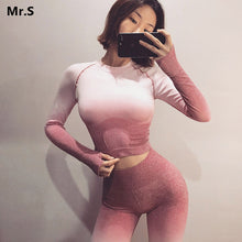 Load image into Gallery viewer, Ombre Seamless 2 Piece Set Women Sport Suit Gym Workout Clothes Long Sleeve Fitness Crop Top And Scrunch Butt Leggings Yoga Set