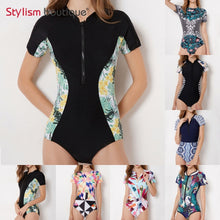 Load image into Gallery viewer, 2018 One Piece Swimsuit Patchwork Short Sleeve Swimsuit Bathing Suit Rash Guard Women Swimwear Surfing Swimming Suit Rashguard