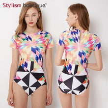 Load image into Gallery viewer, 2018 One Piece Swimsuit Patchwork Short Sleeve Swimsuit Bathing Suit Rash Guard Women Swimwear Surfing Swimming Suit Rashguard