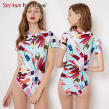 Load image into Gallery viewer, 2018 One Piece Swimsuit Patchwork Short Sleeve Swimsuit Bathing Suit Rash Guard Women Swimwear Surfing Swimming Suit Rashguard
