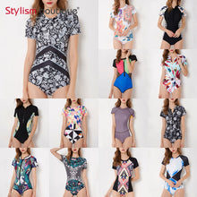 Load image into Gallery viewer, Diving One Piece Swimsuit Patchwork Short Sleeve Women Swimwear Bathing Suit Rash Guard Surfing Swimming Suit Rashguard
