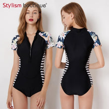 Load image into Gallery viewer, Diving One Piece Swimsuit Patchwork Short Sleeve Women Swimwear Bathing Suit Rash Guard Surfing Swimming Suit Rashguard