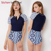 Load image into Gallery viewer, Diving One Piece Swimsuit Patchwork Short Sleeve Women Swimwear Bathing Suit Rash Guard Surfing Swimming Suit Rashguard