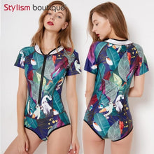 Load image into Gallery viewer, Diving One Piece Swimsuit Patchwork Short Sleeve Women Swimwear Bathing Suit Rash Guard Surfing Swimming Suit Rashguard