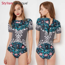 Load image into Gallery viewer, Diving One Piece Swimsuit Patchwork Short Sleeve Women Swimwear Bathing Suit Rash Guard Surfing Swimming Suit Rashguard