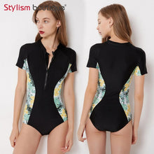 Load image into Gallery viewer, Diving One Piece Swimsuit Patchwork Short Sleeve Women Swimwear Bathing Suit Rash Guard Surfing Swimming Suit Rashguard