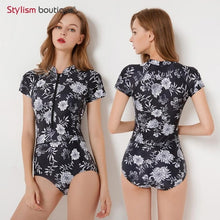 Load image into Gallery viewer, Diving One Piece Swimsuit Patchwork Short Sleeve Women Swimwear Bathing Suit Rash Guard Surfing Swimming Suit Rashguard