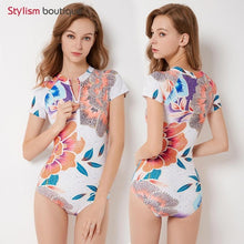 Load image into Gallery viewer, Diving One Piece Swimsuit Patchwork Short Sleeve Women Swimwear Bathing Suit Rash Guard Surfing Swimming Suit Rashguard
