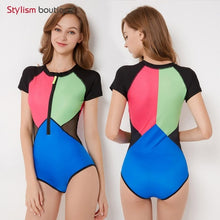 Load image into Gallery viewer, Diving One Piece Swimsuit Patchwork Short Sleeve Women Swimwear Bathing Suit Rash Guard Surfing Swimming Suit Rashguard