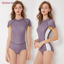 Load image into Gallery viewer, Diving One Piece Swimsuit Patchwork Short Sleeve Women Swimwear Bathing Suit Rash Guard Surfing Swimming Suit Rashguard