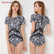 Load image into Gallery viewer, Diving One Piece Swimsuit Patchwork Short Sleeve Women Swimwear Bathing Suit Rash Guard Surfing Swimming Suit Rashguard