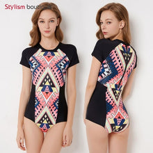 Load image into Gallery viewer, Diving One Piece Swimsuit Patchwork Short Sleeve Women Swimwear Bathing Suit Rash Guard Surfing Swimming Suit Rashguard