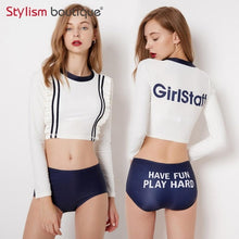 Load image into Gallery viewer, 2 Pieces Swimsuit Printed Swimsuit Cropped Bathing Suit Rash Guard Women Swimwear Surfing Swimming Suit Sport Rashguard 2018
