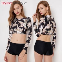Load image into Gallery viewer, 2 Pieces Swimsuit Printed Swimsuit Cropped Bathing Suit Rash Guard Women Swimwear Surfing Swimming Suit Sport Rashguard 2018