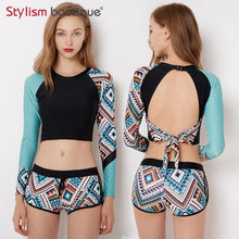 Load image into Gallery viewer, 2 Pieces Swimsuit Printed Swimsuit Cropped Bathing Suit Rash Guard Women Swimwear Surfing Swimming Suit Sport Rashguard 2018