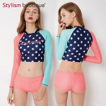Load image into Gallery viewer, 2 Pieces Swimsuit Printed Swimsuit Cropped Bathing Suit Rash Guard Women Swimwear Surfing Swimming Suit Sport Rashguard 2018