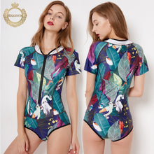 Load image into Gallery viewer, 2018 Front Zipper Monokini Women Rash Guard Half Sleeve Swimsuit Surf Swimwear Prints Bodysuit One-Piece Bathing Suit