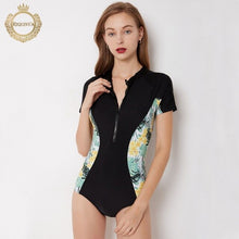 Load image into Gallery viewer, 2018 Front Zipper Monokini Women Rash Guard Half Sleeve Swimsuit Surf Swimwear Prints Bodysuit One-Piece Bathing Suit