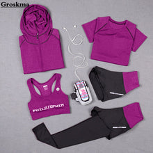 Load image into Gallery viewer, High waist pants+hooded coat+t shirt+bra+pants women yoga 5 pieces set outdoor running quick dry fitness gym clothing sports set