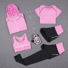 Load image into Gallery viewer, High waist pants+hooded coat+t shirt+bra+pants women yoga 5 pieces set outdoor running quick dry fitness gym clothing sports set
