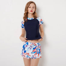 Load image into Gallery viewer, Plus Size Rashguard Women Zipper Swimwear Palm Tree Print Surf Wear Two Piece Shorts Panty Diving Shirt Short Sleeve Swimsuit 4X