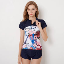 Load image into Gallery viewer, Plus Size Rashguard Women Zipper Swimwear Palm Tree Print Surf Wear Two Piece Shorts Panty Diving Shirt Short Sleeve Swimsuit 4X