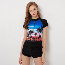 Load image into Gallery viewer, Plus Size Rashguard Women Zipper Swimwear Palm Tree Print Surf Wear Two Piece Shorts Panty Diving Shirt Short Sleeve Swimsuit 4X