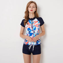 Load image into Gallery viewer, Plus Size Rashguard Women Zipper Swimwear Palm Tree Print Surf Wear Two Piece Shorts Panty Diving Shirt Short Sleeve Swimsuit 4X