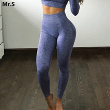 Load image into Gallery viewer, Women Blue Seamless Leggings Tummy Control Yoga Leggings High Waist Booty Leggings Sport Fitness Gym Leggings Athletic Tights