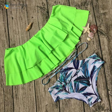 Load image into Gallery viewer, 2019 Palm Tree Push up Bikini Set Women Helter Ruffle Swimwear Sexy Off Shoulder High Waist Swimsuit Women Beach Bathing Suit