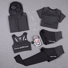 Load image into Gallery viewer, High waist pants+hooded coat+t shirt+bra+pants women yoga 5 pieces set outdoor running quick dry fitness gym clothing sports set