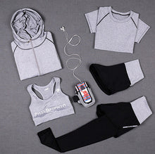 Load image into Gallery viewer, High waist pants+hooded coat+t shirt+bra+pants women yoga 5 pieces set outdoor running quick dry fitness gym clothing sports set