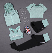 Load image into Gallery viewer, High waist pants+hooded coat+t shirt+bra+pants women yoga 5 pieces set outdoor running quick dry fitness gym clothing sports set