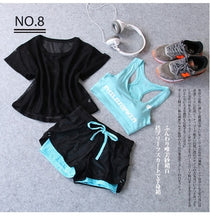 Load image into Gallery viewer, Sportswear 3 Piece Yoga Set Women Gym Cloth Sport Suit Shirt Top+Bra+Shorts Female Workout Athletic Running Fitness Clothing