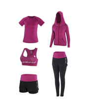 Load image into Gallery viewer, High waist pants+hooded coat+t shirt+bra+pants women yoga 5 pieces set outdoor running quick dry fitness gym clothing sports set