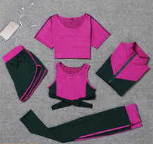 Load image into Gallery viewer, 5 pieces sets coat+t shirt+bra+shorts+leggings women yoga clothing quick dry outdoor sports running fitness gym ropa deportiva