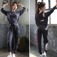 Load image into Gallery viewer, Back hollow out hooded t shirt+sexy bra+pants women yoga 3 pieces set quick dry outdoor sport training fitness gym wear clothing