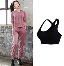 Load image into Gallery viewer, Back hollow out hooded t shirt+sexy bra+pants women yoga 3 pieces set quick dry outdoor sport training fitness gym wear clothing