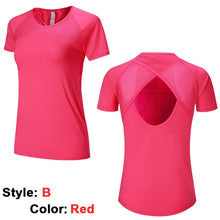 Load image into Gallery viewer, Yoga Mesh Shirts Quick dry Fitness Sports Gym Clothes Female Running Short Sleeve Sexy Hollow Back Female Sport T Shirt Running