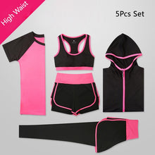 Load image into Gallery viewer, OLOEY Women 5 Piece Yoga Set for Running T-Shirt Fitness Bra Sports Wear Gym Clothing Women Workout Set Sports Suit