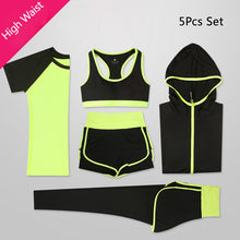 Load image into Gallery viewer, OLOEY Women 5 Piece Yoga Set for Running T-Shirt Fitness Bra Sports Wear Gym Clothing Women Workout Set Sports Suit