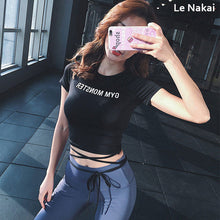 Load image into Gallery viewer, Short Sleeve yoga top workout gym crop top letter print gym shirts fitness yoga shirts breathable running shirt women activewear